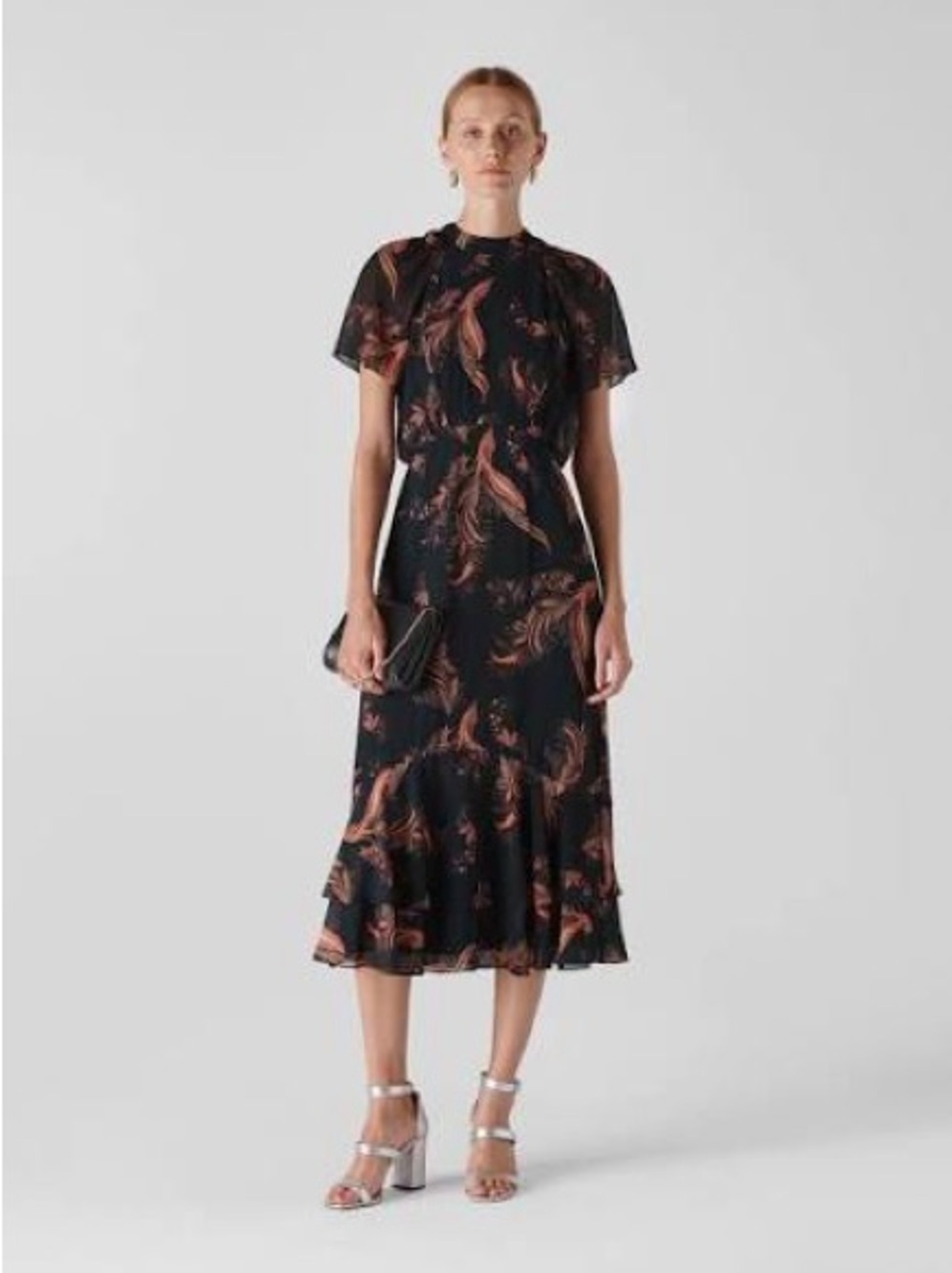 Whistles Black Midi Dress with Copper Floral Print rose paisley 10